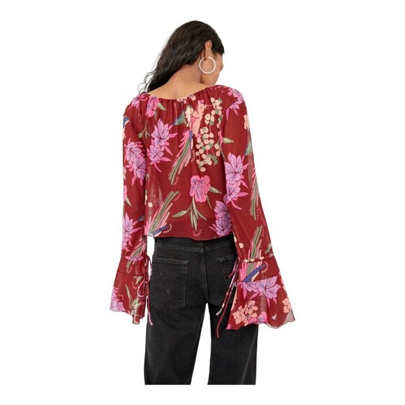 Free People Red Floral Piece Of Paradise Blouse Bell Sleeve Tie Front Crop Top S - Picture 3 of 16